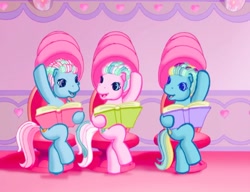 Size: 975x749 | Tagged: safe, screencap, character:cotton candy (g3), species:pony, episode:the princess promenade, g3, book, chair, female, hair curlers, hair dryer, hair salon, looking at each other, reading, sitting