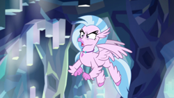 Size: 1280x720 | Tagged: safe, screencap, character:silverstream, species:classical hippogriff, species:hippogriff, episode:what lies beneath, g4, my little pony: friendship is magic, female, flying, jewelry, necklace, nightmare cave, solo