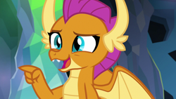 Size: 1280x720 | Tagged: safe, screencap, character:smolder, species:dragon, episode:what lies beneath, g4, my little pony: friendship is magic, claws, dragon wings, dragoness, fangs, female, open mouth, solo, spread wings, wings