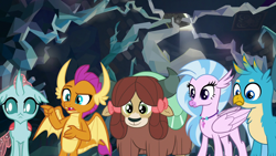 Size: 1280x720 | Tagged: safe, screencap, character:gallus, character:ocellus, character:silverstream, character:smolder, character:yona, species:changedling, species:changeling, species:dragon, species:griffon, species:hippogriff, species:reformed changeling, species:yak, episode:what lies beneath, g4, my little pony: friendship is magic, female, male, pointing, raised eyebrow