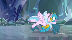 Size: 1920x1080 | Tagged: safe, screencap, character:gallus, character:silverstream, species:classical hippogriff, species:griffon, species:hippogriff, episode:what lies beneath, g4, my little pony: friendship is magic, cave, cute, diastreamies, duo, female, gallabetes, glomp, hug, male, nightmare cave, shipping fuel, tackle