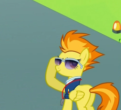 Size: 499x456 | Tagged: safe, screencap, character:spitfire, species:pony, episode:wonderbolts academy, cropped, drill sergeant, female, looking up, mare, plot, smiling, smirk, sunglasses, whistle