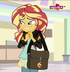 Size: 706x720 | Tagged: safe, screencap, character:sunset shimmer, equestria girls:mirror magic, g4, my little pony:equestria girls, bag, canterlot mall, clothing, creeper, creepy, creepy smile, cropped, cute, cutie mark, faec, female, funny face, hand, jacket, leather jacket, saddle bag, shimmerbetes, smiling, smug, solo, teletoon