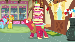 Size: 1280x720 | Tagged: safe, screencap, character:big mcintosh, character:carrot cake, character:cup cake, species:earth pony, species:pony, episode:mmmystery on the friendship express, g4, my little pony: friendship is magic, balancing, cake, female, food, male, mare, marzipan mascarpone meringue madness, stallion, sugarcube corner, sweat, the cakes