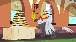 Size: 1280x720 | Tagged: safe, screencap, character:gustave le grande, species:griffon, episode:mmmystery on the friendship express, g4, my little pony: friendship is magic, eclair, facial hair, food, gustave le grande, male, moustache, solo, toque