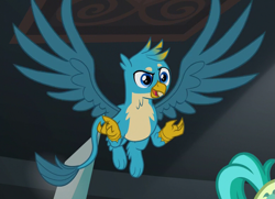 Size: 779x564 | Tagged: safe, screencap, character:gallus, character:sandbar, species:griffon, episode:what lies beneath, g4, my little pony: friendship is magic, beak, claws, cropped, flying, male, offscreen character, paws, tail, wings
