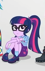 Size: 165x259 | Tagged: safe, screencap, character:twilight sparkle, character:twilight sparkle (scitwi), species:eqg human, equestria girls:rollercoaster of friendship, g4, my little pony:equestria girls, clothing, cropped, cute, female, glasses, legs, ponytail, shoes, skirt, socks, solo focus, upskirt denied