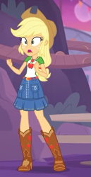 Size: 337x655 | Tagged: safe, screencap, character:applejack, equestria girls:rollercoaster of friendship, g4, my little pony:equestria girls, belt, boots, clothing, cowboy boots, cowboy hat, cropped, denim skirt, female, freckles, geode of super strength, hat, skirt, stetson