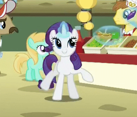 Size: 442x380 | Tagged: safe, screencap, character:rarity, species:pony, episode:rarity takes manehattan, g4, my little pony: friendship is magic, season 4, animated, background pony, carrot, carrot dog, cute, fast food, female, filly, foal, food, food stand, generosity, generosity song, globe trotter, happy, ketchup, manehattan, rosy gold, sauce, smiling, street food, wetzel