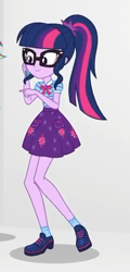 Size: 260x540 | Tagged: safe, screencap, character:twilight sparkle, character:twilight sparkle (scitwi), species:eqg human, equestria girls:rollercoaster of friendship, g4, my little pony:equestria girls, cellphone, clothing, cropped, female, geode of telekinesis, glasses, phone, ponytail, shoes, skirt, smartphone, smiling, socks, solo