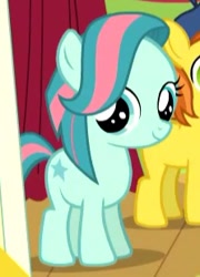 Size: 223x309 | Tagged: safe, screencap, species:pony, episode:made in manehattan, g4, my little pony: friendship is magic, season 5, background pony, beat cat, bubblegum star, cropped, curtain, cute, female, filly, foal, happy, manehattan, photo, smiling, solo, stage, stars, striped mane, theater