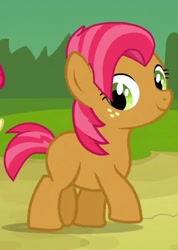 Size: 578x814 | Tagged: safe, screencap, character:babs seed, species:pony, episode:apple family reunion, g4, my little pony: friendship is magic, cropped, female, filly, foal, freckles, happy, looking at someone, season 3, smiling, solo focus, sweet apple acres, trotting, walking