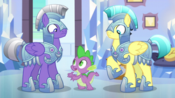 Size: 1280x720 | Tagged: safe, screencap, character:spike, species:crystal pony, species:dragon, species:pegasus, species:pony, episode:the times they are a changeling, g4, my little pony: friendship is magic, armor, crystal guard, crystal guard armor, helmet, male, raised hoof, stallion, trio