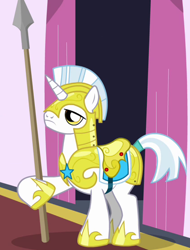 Size: 426x561 | Tagged: safe, screencap, species:pony, species:unicorn, episode:a canterlot wedding, g4, my little pony: friendship is magic, armor, cropped, helmet, hoof hold, hoof shoes, male, recolor, royal guard, royal guard armor, saddle, solo, spear, stallion, tack, unicorn royal guard, weapon, white mane