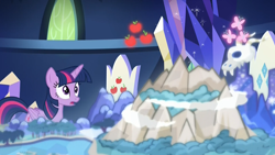 Size: 1920x1080 | Tagged: safe, screencap, character:twilight sparkle, character:twilight sparkle (alicorn), species:alicorn, species:pony, episode:sounds of silence, g4, my little pony: friendship is magic, arimaspi territory, cutie map, female, friendship throne, mare, mountain, peaks of peril, throne, twilight's castle