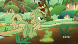 Size: 1920x1080 | Tagged: safe, screencap, character:forest fall, species:kirin, episode:sounds of silence, g4, my little pony: friendship is magic, background kirin, discovery family logo, glowing horn, kirin village, lidded eyes, magic, magic aura, male, plant, solo
