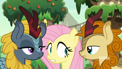 Size: 1920x1080 | Tagged: safe, screencap, character:autumn afternoon, character:fluttershy, character:winter flame, species:kirin, species:pegasus, species:pony, episode:sounds of silence, g4, my little pony: friendship is magic, discovery family logo, female, kirin village, male, mare, nervous, personal space invasion