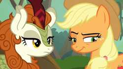 Size: 1920x1080 | Tagged: safe, screencap, character:applejack, character:autumn blaze, species:earth pony, species:kirin, species:pony, episode:sounds of silence, g4, my little pony: friendship is magic, discovery family logo, duo, female, lidded eyes, mare, narrowed eyes, smiling