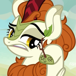 Size: 1079x1078 | Tagged: safe, screencap, character:autumn blaze, species:kirin, episode:sounds of silence, g4, my little pony: friendship is magic, autumn blaze's puppet, cloven hooves, cropped, female, hand puppet, puppet, solo, stick, twig, whispering