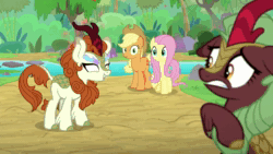 Size: 1920x1080 | Tagged: safe, screencap, character:applejack, character:autumn blaze, character:cinder glow, character:fluttershy, character:summer flare, species:earth pony, species:kirin, species:pegasus, species:pony, episode:sounds of silence, g4, my little pony: friendship is magic, angry, animated, animation error, duo, female, fire, imminent nirik, mare, nirik, roar, sound, webm