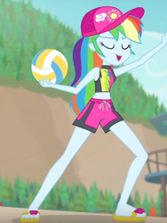 Size: 440x586 | Tagged: safe, screencap, character:rainbow dash, equestria girls:forgotten friendship, g4, my little pony:equestria girls, clothing, cropped, eyes closed, feet, flip-flops, geode of super speed, magical geodes, sandals, solo, sports, swimsuit, volleyball