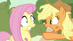 Size: 1920x1080 | Tagged: safe, screencap, character:applejack, character:fluttershy, episode:sounds of silence, g4, my little pony: friendship is magic, angry, startled