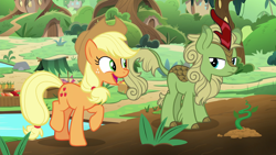 Size: 1920x1080 | Tagged: safe, screencap, character:applejack, character:forest fall, species:earth pony, species:kirin, species:pony, episode:sounds of silence, g4, my little pony: friendship is magic, background kirin, cute, duo, female, jackabetes, kirin village, mare