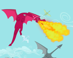 Size: 618x493 | Tagged: safe, screencap, species:dragon, episode:dragon quest, g4, my little pony: friendship is magic, background dragon, cropped, fire, fire breath, flying, sky, solo focus