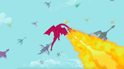 Size: 1345x755 | Tagged: safe, screencap, species:dragon, episode:dragon quest, g4, my little pony: friendship is magic, background dragon, dragon migration, fire, fire breath, flying, migration, sky