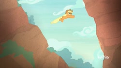 Size: 1920x1080 | Tagged: safe, screencap, character:applejack, species:earth pony, species:pony, episode:sounds of silence, g4, my little pony: friendship is magic, cliff, female, jumping, leaping, mare, ravine, solo