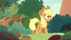 Size: 1920x1080 | Tagged: safe, screencap, character:applejack, species:earth pony, species:pony, episode:sounds of silence, g4, my little pony: friendship is magic, alternate hairstyle, applejack's hat, bush, clothing, cowboy hat, discovery family logo, female, forest, hat, looking up, mare, messy mane, moss, open mouth, scuff mark, solo, surprised