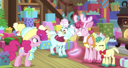 Size: 1990x1060 | Tagged: safe, screencap, character:alice, character:aurora, character:bori, character:pinkie pie, species:deer, species:reindeer, episode:best gift ever, g4, my little pony: friendship is magic, antlers, bell, bow, christmas, clothing, cloven hooves, colored hooves, deer magic, eyes closed, glowing antlers, hat, holiday, levitation, magic, telekinesis, the gift givers, the gift givers of the grove