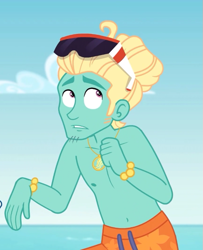 Size: 575x708 | Tagged: safe, screencap, character:zephyr breeze, episode:blue crushed (a.k.a baewatch), g4, my little pony:equestria girls, clothing, cropped, male, partial nudity, sunglasses, topless