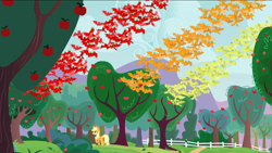 Size: 1440x810 | Tagged: safe, screencap, character:applejack, species:bat, species:earth pony, species:pony, episode:apple family reunion, g4, my little pony: friendship is magic, apple orchard, apple tree, female, flying, fruit bat, mare, orchard, tree, west orchard