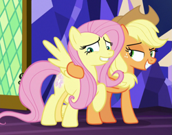 Size: 707x558 | Tagged: safe, screencap, character:applejack, character:fluttershy, episode:sounds of silence, g4, my little pony: friendship is magic, cropped, duo, female, glowing cutie mark, hoof around neck, shipping fuel