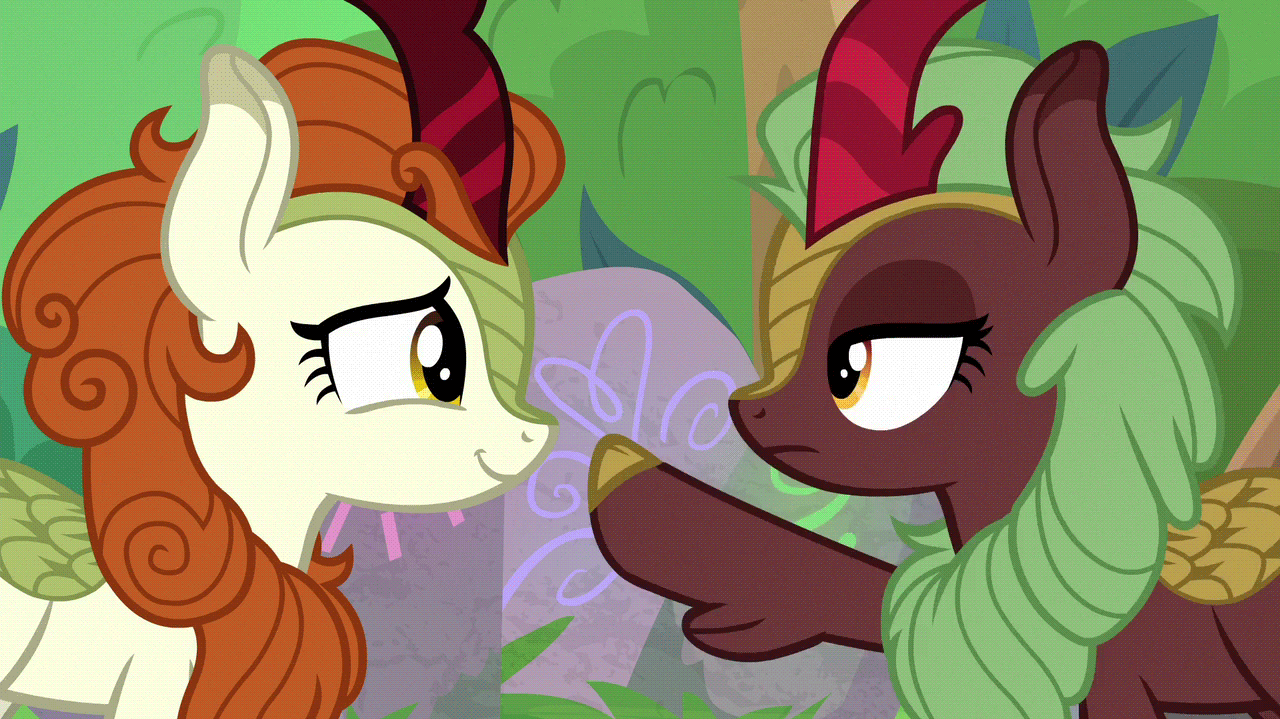 Size: 1280x719 | Tagged: safe, screencap, character:autumn blaze, character:cinder glow, character:summer flare, species:kirin, episode:sounds of silence, g4, my little pony: friendship is magic, animated, awwtumn blaze, background kirin, blinking, boop, cinderbetes, cute, female