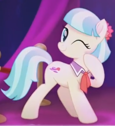 Size: 404x443 | Tagged: safe, screencap, character:coco pommel, my little pony: the movie (2017), cocobetes, cropped, cute, low quality, one eye closed, solo, wink