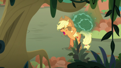 Size: 1280x720 | Tagged: safe, screencap, character:applejack, species:earth pony, species:pony, episode:sounds of silence, g4, my little pony: friendship is magic, eyes closed, female, fly-der, mare, solo, swamp