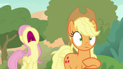 Size: 1280x720 | Tagged: safe, screencap, character:applejack, character:fluttershy, species:earth pony, species:pegasus, species:pony, episode:sounds of silence, g4, my little pony: friendship is magic, duo, female, mare, nose in the air, open mouth, volumetric mouth, yelling