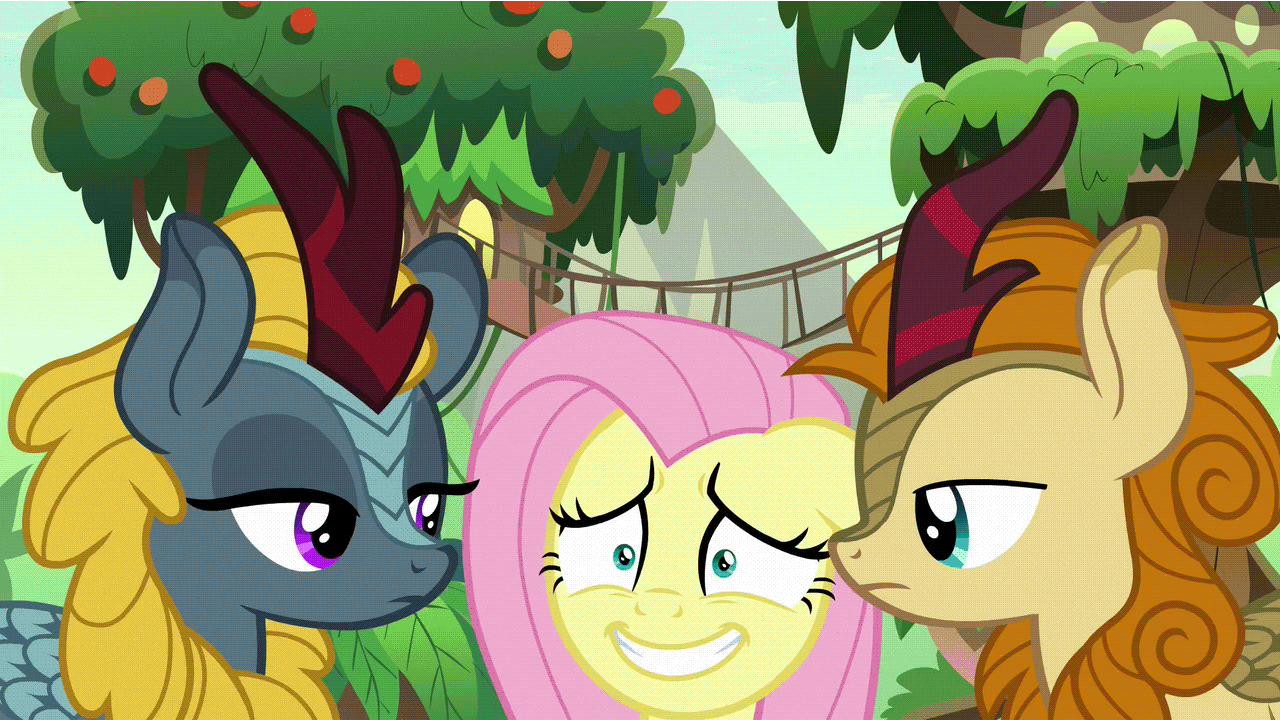Size: 1280x720 | Tagged: safe, screencap, character:autumn afternoon, character:fluttershy, character:winter flame, species:kirin, species:pegasus, species:pony, episode:sounds of silence, g4, my little pony: friendship is magic, animated, awkward, background kirin, faec, female, grin, male, mare, nervous, nervous grin, smiling, tree