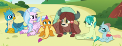 Size: 350x135 | Tagged: safe, screencap, character:gallus, character:ocellus, character:sandbar, character:silverstream, character:smolder, character:yona, species:changedling, species:changeling, species:classical hippogriff, species:dragon, species:earth pony, species:griffon, species:hippogriff, species:pony, species:reformed changeling, species:yak, episode:school daze, g4, my little pony: friendship is magic, bonding, bow, cloven hooves, colored hooves, confused, cropped, cute, diaocelles, diastreamies, dragoness, female, gallabetes, hair bow, happy, jewelry, looking at each other, lounging, lying down, male, monkey swings, necklace, raised eyebrow, sandabetes, sitting, smolderbetes, student six, teenager, yonadorable
