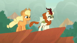 Size: 1280x720 | Tagged: safe, screencap, character:applejack, character:autumn blaze, species:kirin, episode:sounds of silence, g4, my little pony: friendship is magic, animated, awwtumn blaze, cliff, cloud, cute, flowing mane, forest, grin, mountain, peaks of peril, sky, smiling, sound, stare, talking, tree, valley, webm, wind