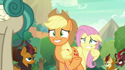 Size: 1280x720 | Tagged: safe, screencap, character:applejack, character:autumn afternoon, character:cinder glow, character:fluttershy, character:pumpkin smoke, character:rain shine, character:summer flare, species:earth pony, species:kirin, species:pegasus, species:pony, episode:sounds of silence, g4, my little pony: friendship is magic, background kirin, female, male, mare