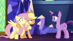 Size: 1024x572 | Tagged: safe, screencap, character:applejack, character:fluttershy, character:twilight sparkle, character:twilight sparkle (alicorn), species:alicorn, species:pony, episode:sounds of silence, g4, my little pony: friendship is magic, glowing cutie mark, hoof around neck