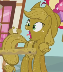 Size: 344x394 | Tagged: safe, screencap, character:applejack, species:earth pony, species:pony, episode:apple family reunion, g4, my little pony: friendship is magic, cart, coughing, covered, cropped, female, luster dust, mare, solo, surprised, wide eyes
