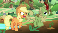 Size: 1280x720 | Tagged: safe, screencap, character:applejack, character:forest fall, species:earth pony, species:kirin, species:pony, episode:sounds of silence, g4, my little pony: friendship is magic, background kirin, cute, female, happy, jackabetes, male, mare, smiling
