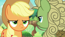Size: 1280x720 | Tagged: safe, screencap, character:applejack, character:forest fall, species:earth pony, species:kirin, species:pony, episode:sounds of silence, g4, my little pony: friendship is magic, annoyed, applejack is not amused, background kirin, female, lidded eyes, male, mare, unamused