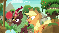 Size: 1280x720 | Tagged: safe, screencap, character:applejack, character:cinder glow, character:summer flare, species:kirin, episode:sounds of silence, g4, my little pony: friendship is magic, applejack's hat, clothing, cowboy hat, happy, hat, levitation, magic, surprised, telekinesis