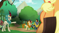 Size: 1280x720 | Tagged: safe, screencap, character:applejack, character:autumn afternoon, character:cinder glow, character:rain shine, character:summer flare, character:winter flame, species:earth pony, species:kirin, species:pony, episode:sounds of silence, g4, my little pony: friendship is magic, background kirin, female, male, mare, raised hoof, tree stump