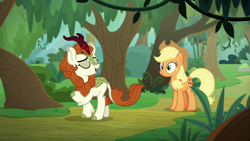 Size: 1280x720 | Tagged: safe, screencap, character:applejack, character:autumn blaze, species:earth pony, species:kirin, species:pony, episode:sounds of silence, g4, my little pony: friendship is magic, duo, eyes closed, female, forest, mare, path